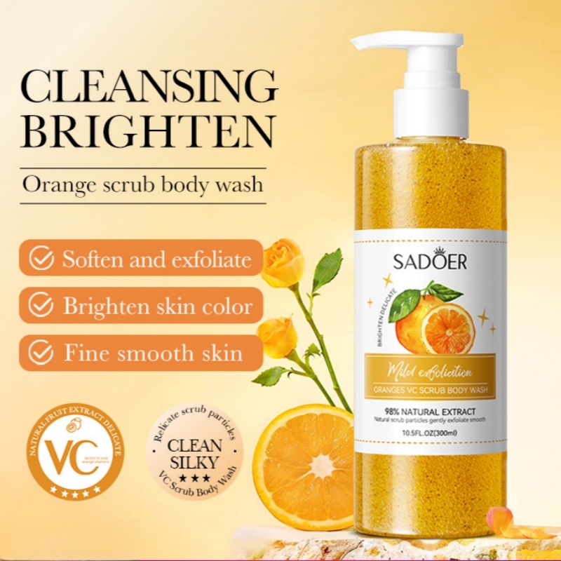 Skincare Ingredients - เจลอาบน้ำสครับผิวกายกลิ่นส้ม 300 มล. ผลิตภัณฑ์ทำความสะอาดผิวกายที่มีส่วนผสมของสารสกัดจากส้มสด เกลือซิเตรต และส่วนผสมบำรุงผิวอื่นๆ